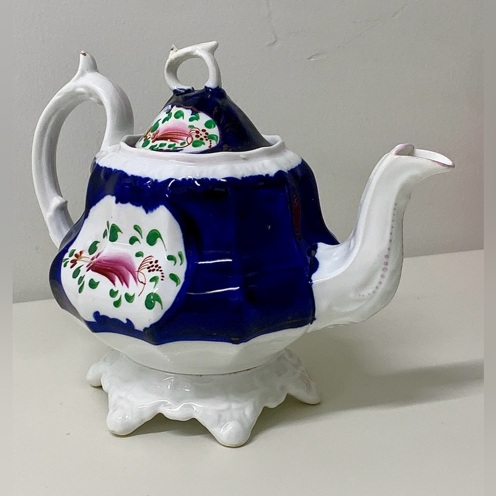 19th Century Antique Gaudy Welsh Feather Pattern Ring Finial Lidded Teapot